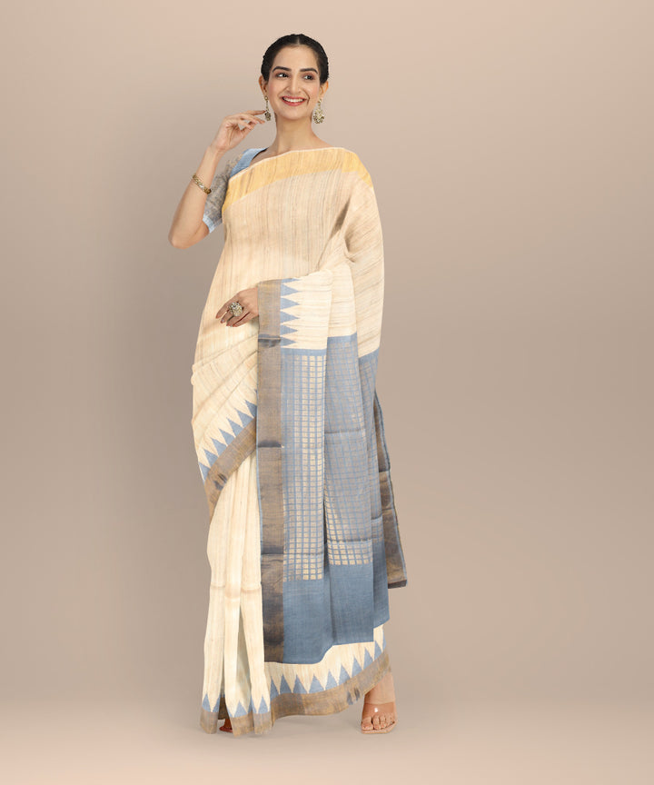 Beige blue gold zari tussar silk chhattisgarh handloom saree
