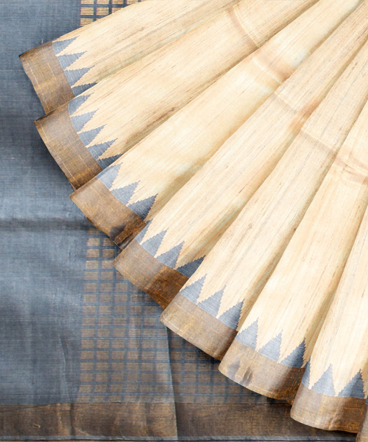 Beige blue gold zari tussar silk chhattisgarh handloom saree