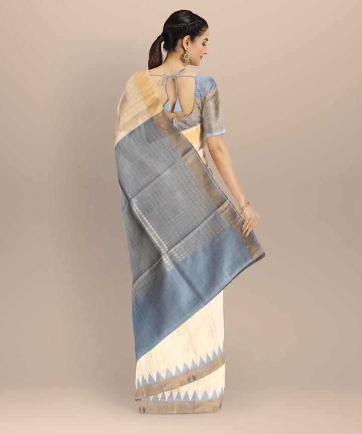 Beige blue gold zari tussar silk chhattisgarh handloom saree
