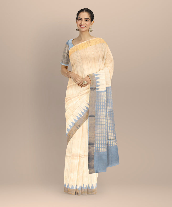 Beige blue gold zari tussar silk chhattisgarh handloom saree