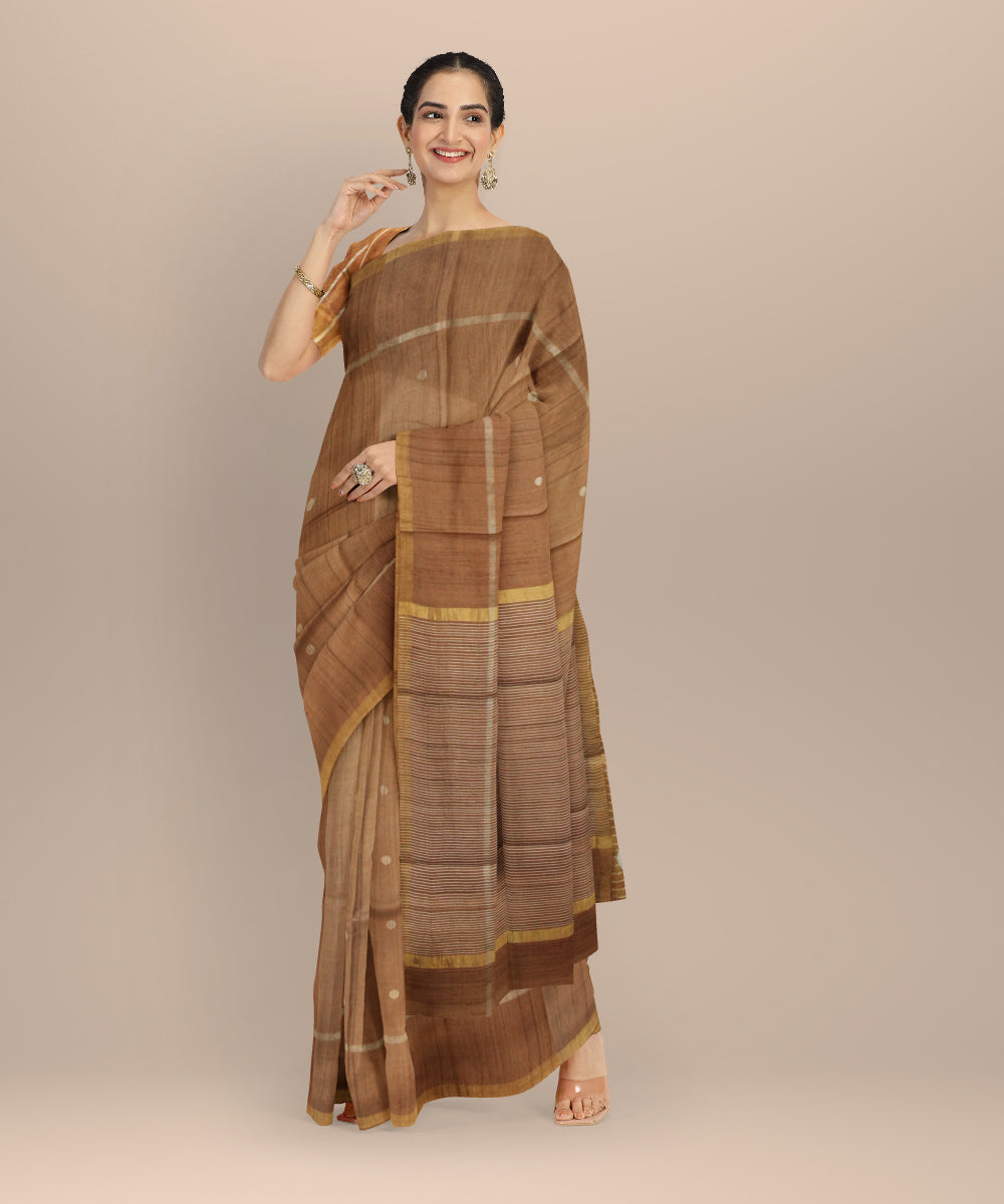Brown silver tussar silk chhattisgarh handloom saree