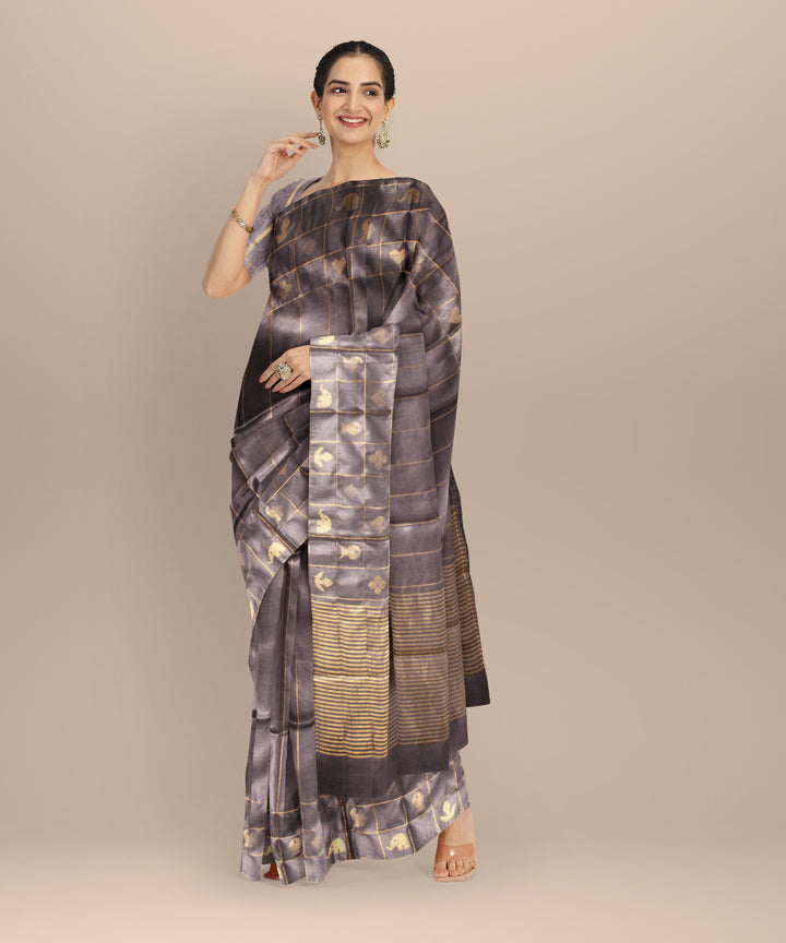 Grey gold zari stripe tussar silk chhattisgarh handloom saree