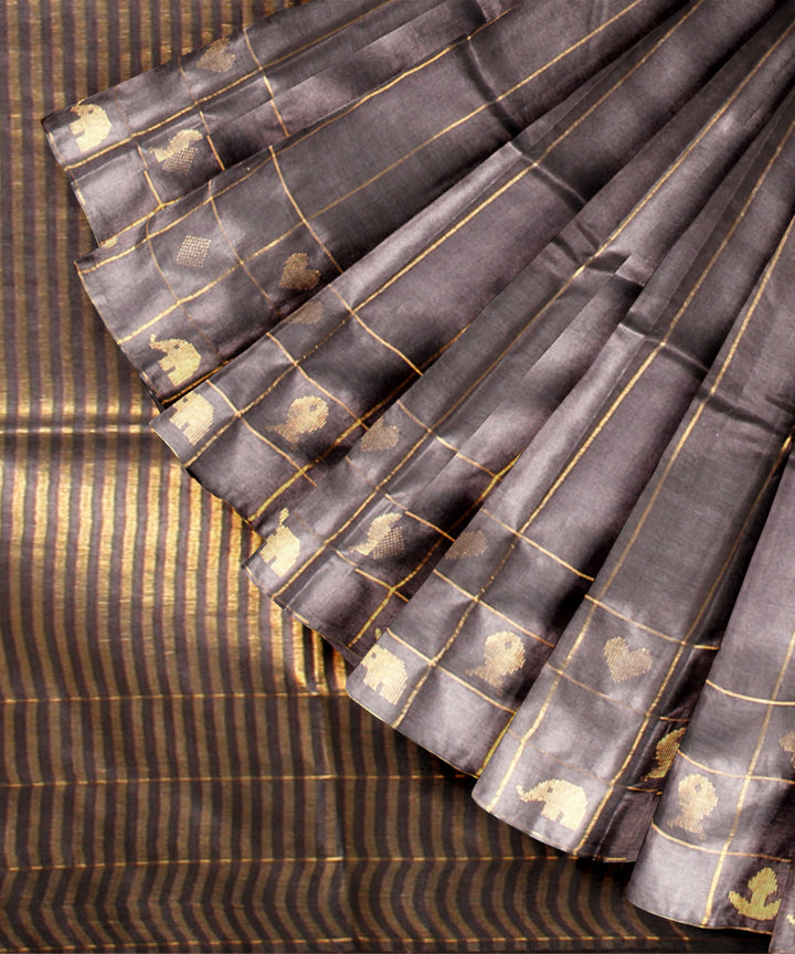 Grey gold zari stripe tussar silk chhattisgarh handloom saree