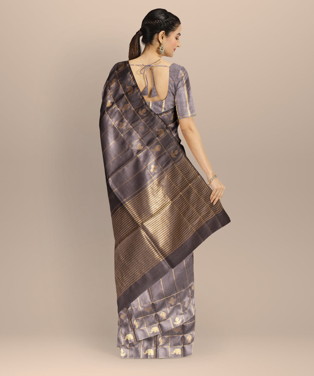 Grey gold zari stripe tussar silk chhattisgarh handloom saree