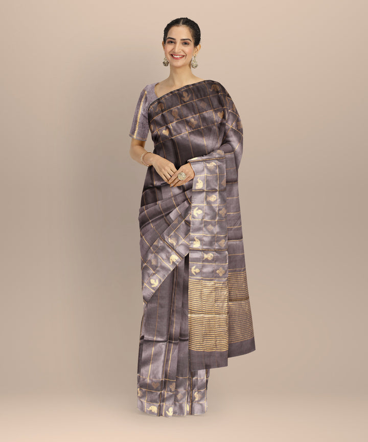 Grey gold zari stripe tussar silk chhattisgarh handloom saree