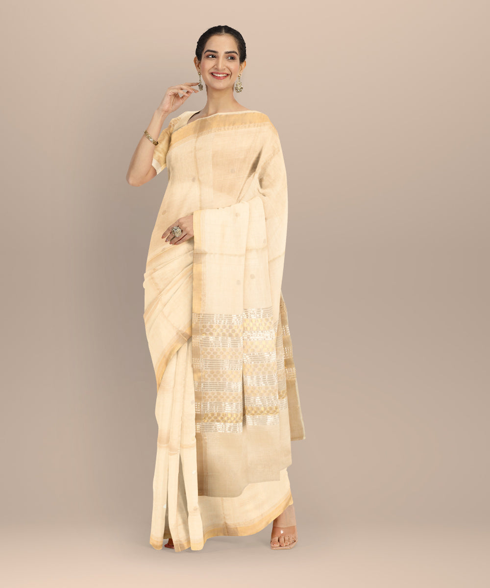 Beige gold zari tussar silk chhattisgarh handloom saree