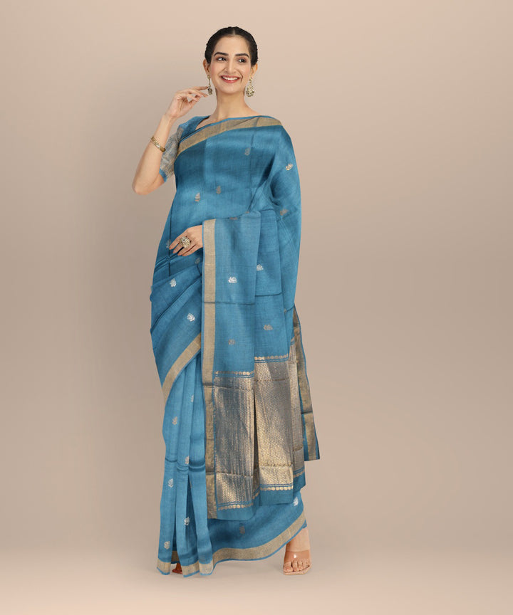 Navy blue gold zari tussar silk chhattisgarh handloom saree