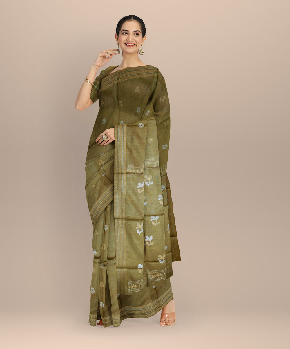 Olive green tussar silk chhattisgarh handloom saree