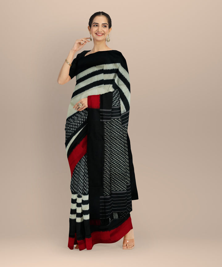 Black white red handloom pochampally ikat silk saree