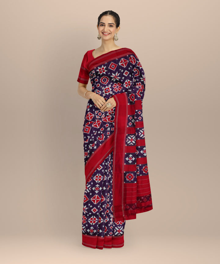 Indigo red white pochampally ikat silk handloom saree