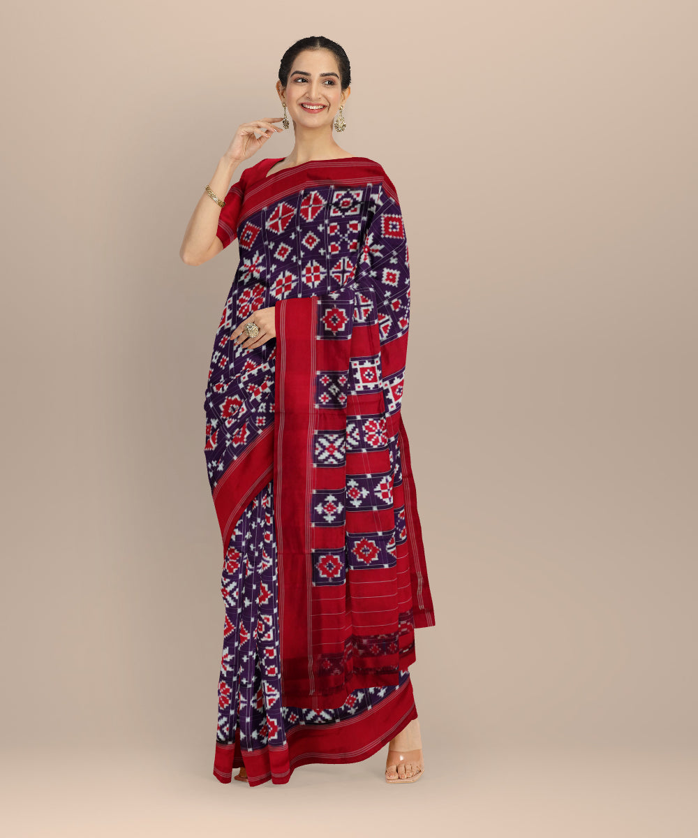 Indigo red white pochampally ikat silk handloom saree