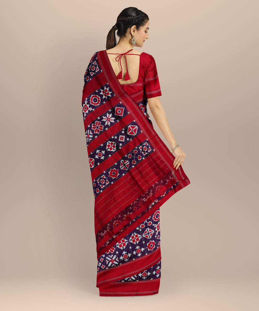 Indigo red white pochampally ikat silk handloom saree