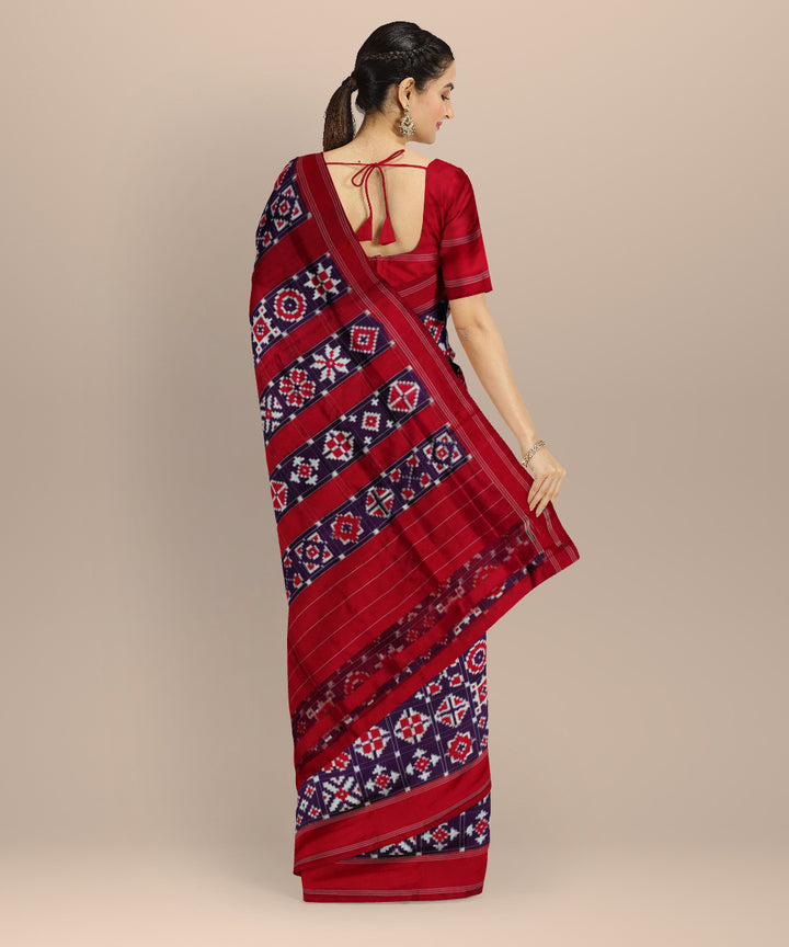 Indigo red white pochampally ikat silk handloom saree