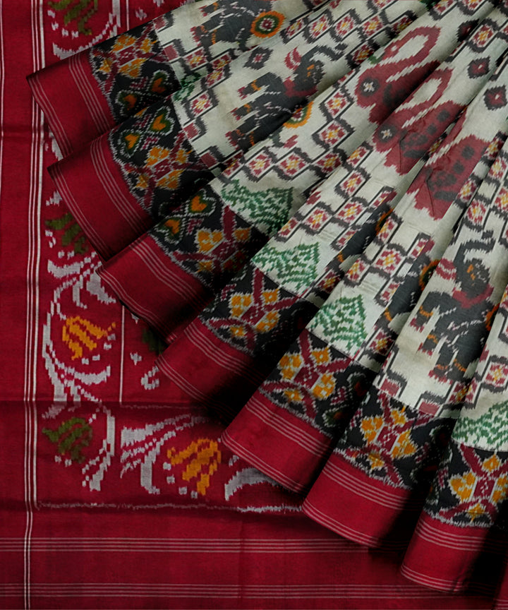 White red pochampally ikat silk handloom saree