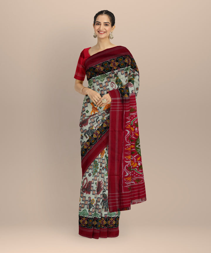 White red pochampally ikat silk handloom saree
