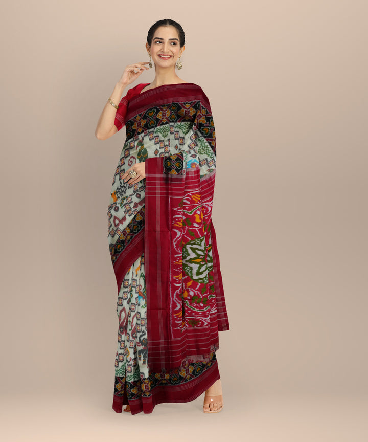 White red pochampally ikat silk handloom saree