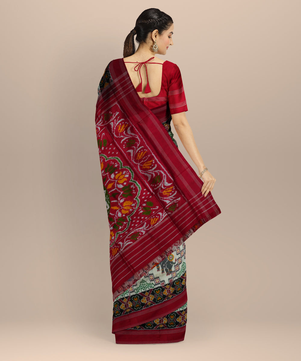 White red pochampally ikat silk handloom saree