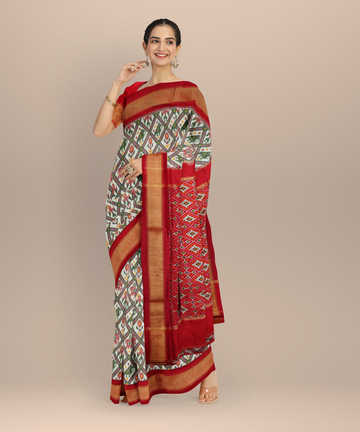 White red handloom silk pochampally ikat saree