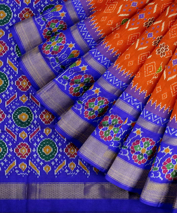 Orange blue handloom silk pochampally ikat saree