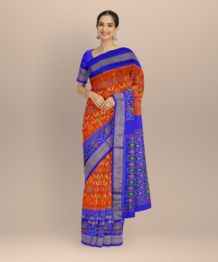 Orange blue handloom silk pochampally ikat saree