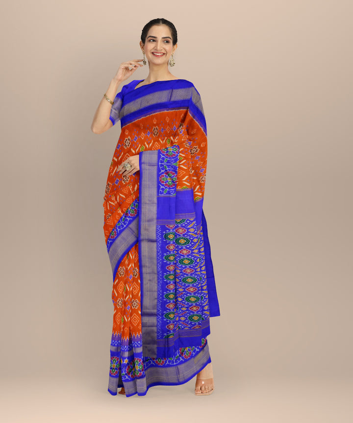 Orange blue handloom silk pochampally ikat saree