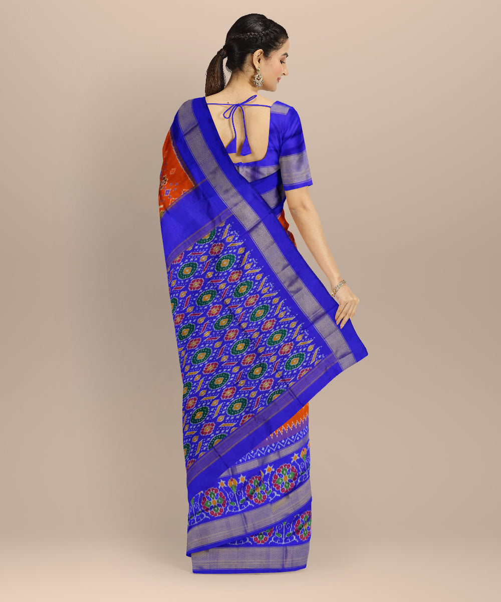 Orange blue handloom silk pochampally ikat saree