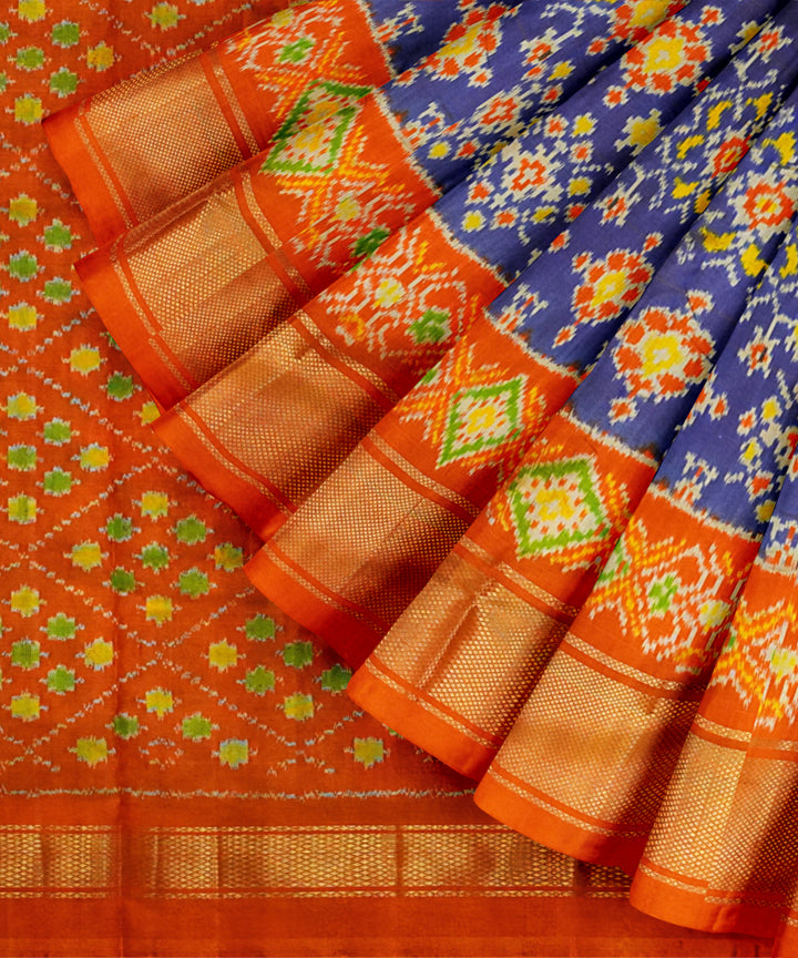 Navy blue orange handloom pochampally ikat silk saree