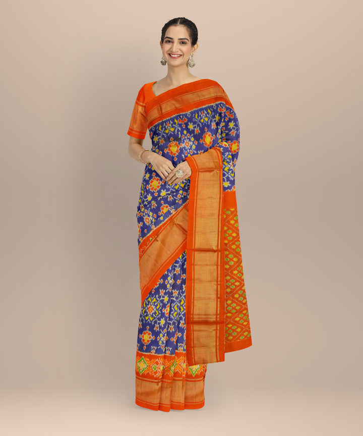 Navy blue orange handloom pochampally ikat silk saree