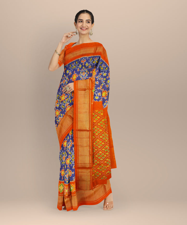 Navy blue orange handloom pochampally ikat silk saree