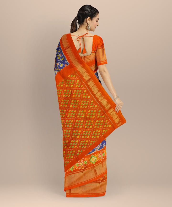 Navy blue orange handloom pochampally ikat silk saree