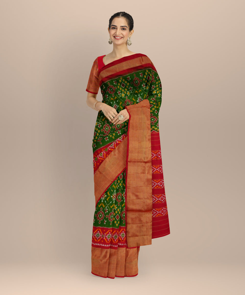 Dark green red handloom pochampally ikat silk saree