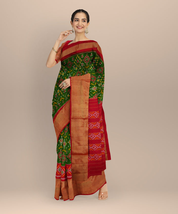 Dark green red handloom pochampally ikat silk saree