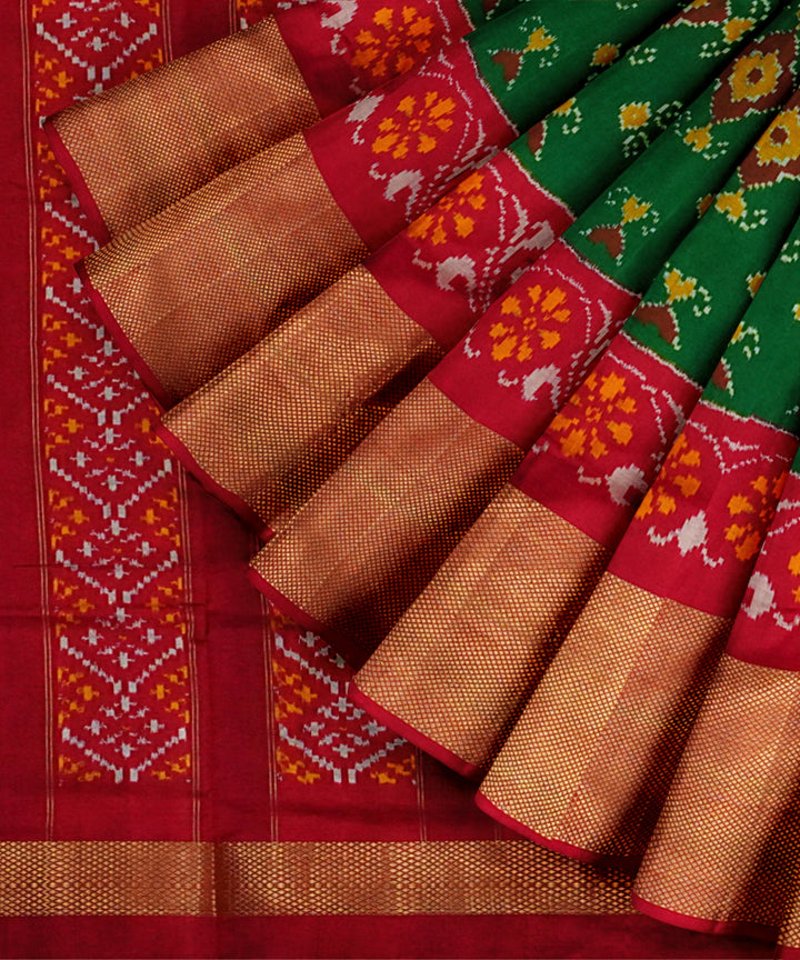Dark green red pochampally ikat silk handloom saree