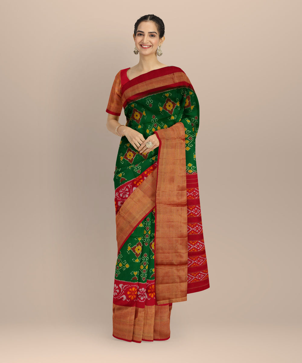 Dark green red pochampally ikat silk handloom saree