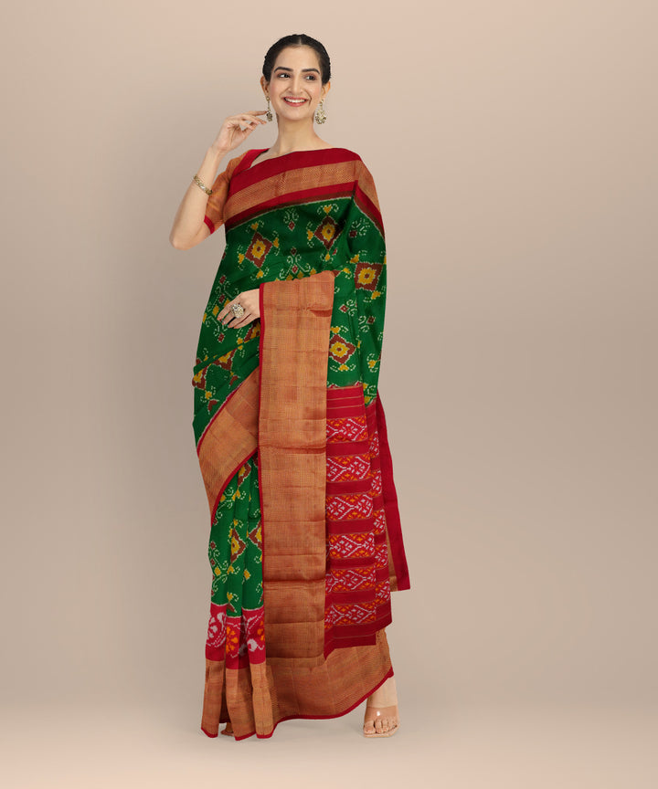 Dark green red pochampally ikat silk handloom saree