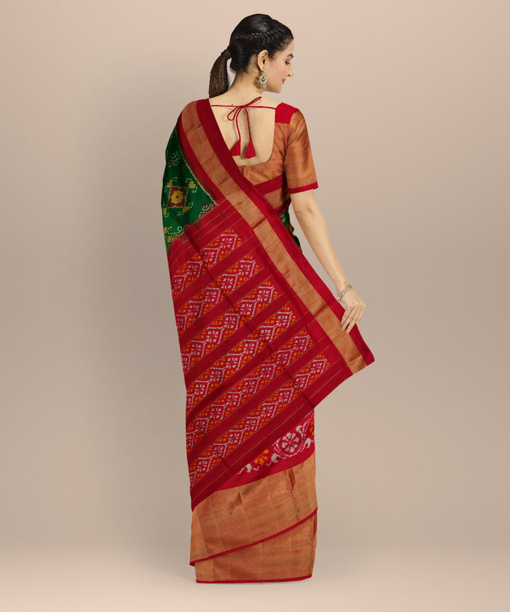 Dark green red pochampally ikat silk handloom saree