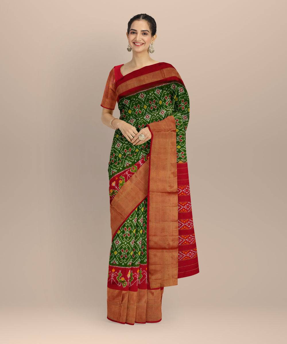 Dark green red pochampally silk handloom saree