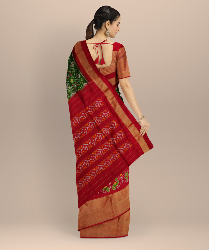 Dark green red pochampally silk handloom saree