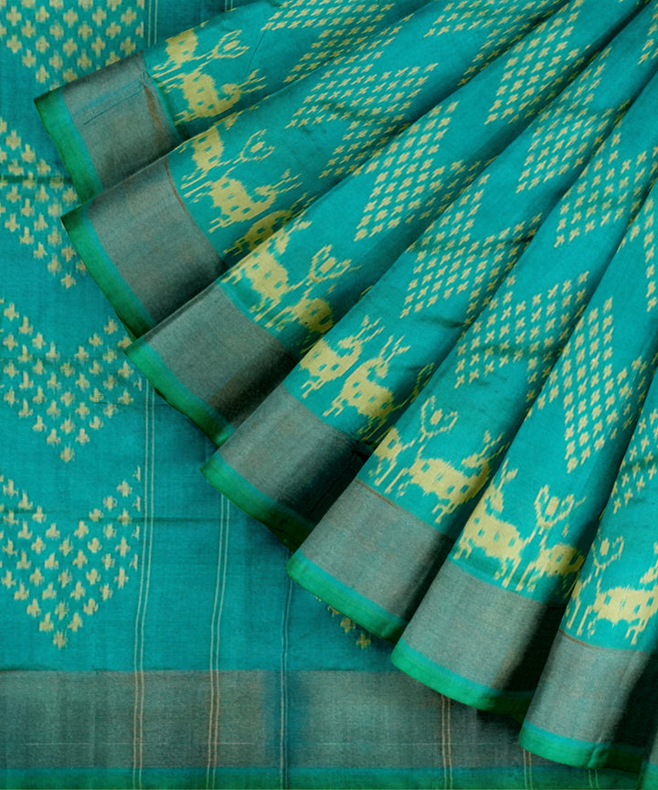 Cyan blue hand loom pochampally ikat silk saree