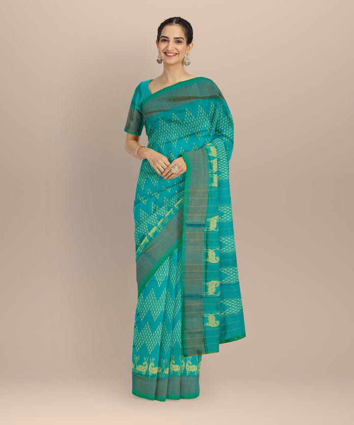 Cyan blue hand loom pochampally ikat silk saree