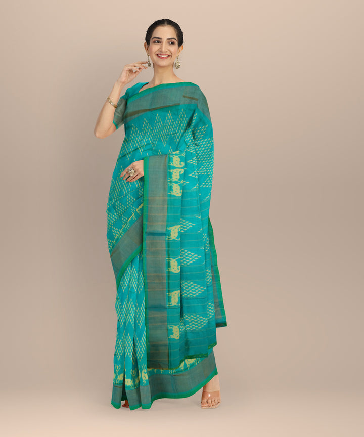 Cyan blue hand loom pochampally ikat silk saree