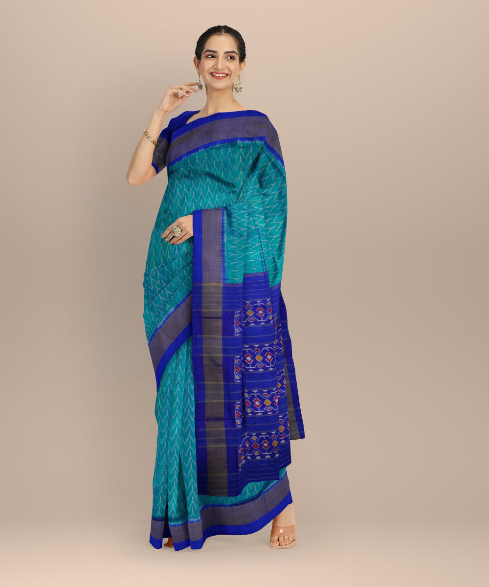 Cyan blue handloom pochampally ikat silk saree
