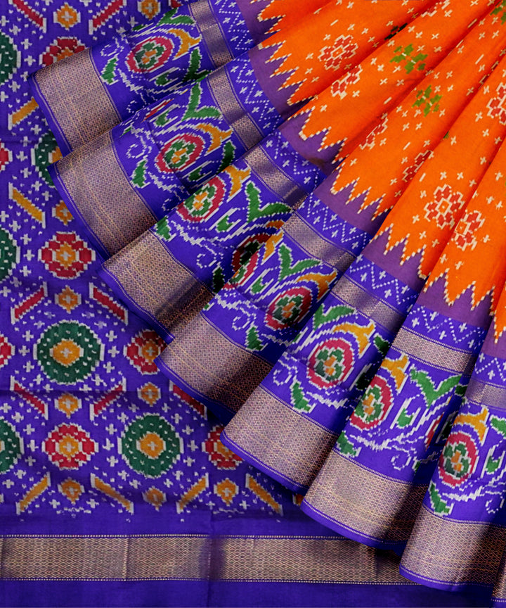Orange blue handloom pochampally ikat silk saree