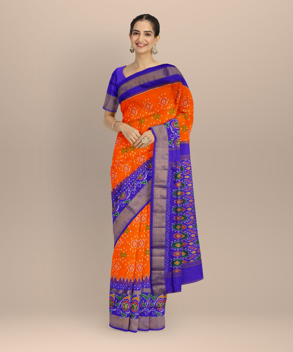 Orange blue handloom pochampally ikat silk saree