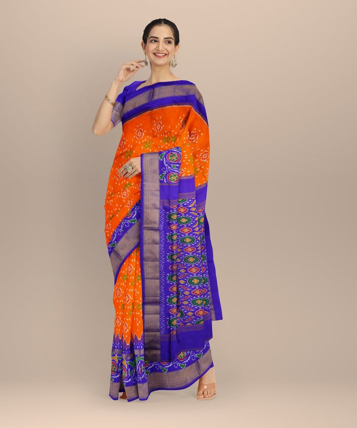 Orange blue handloom pochampally ikat silk saree