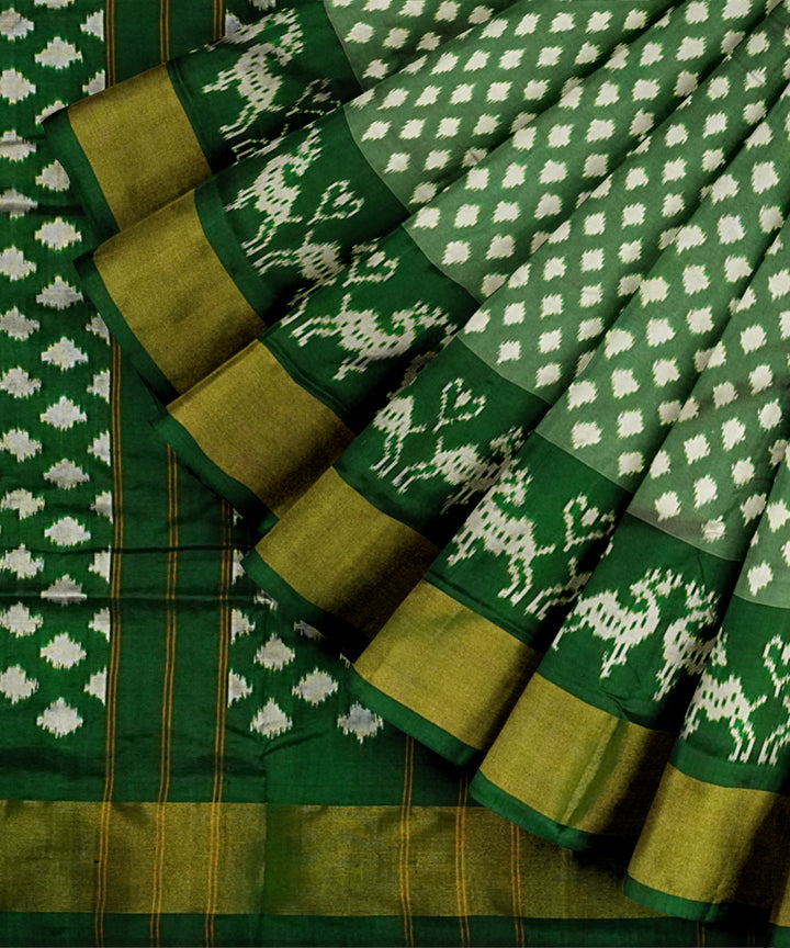 Dark green white handloom pochampally ikat silk saree