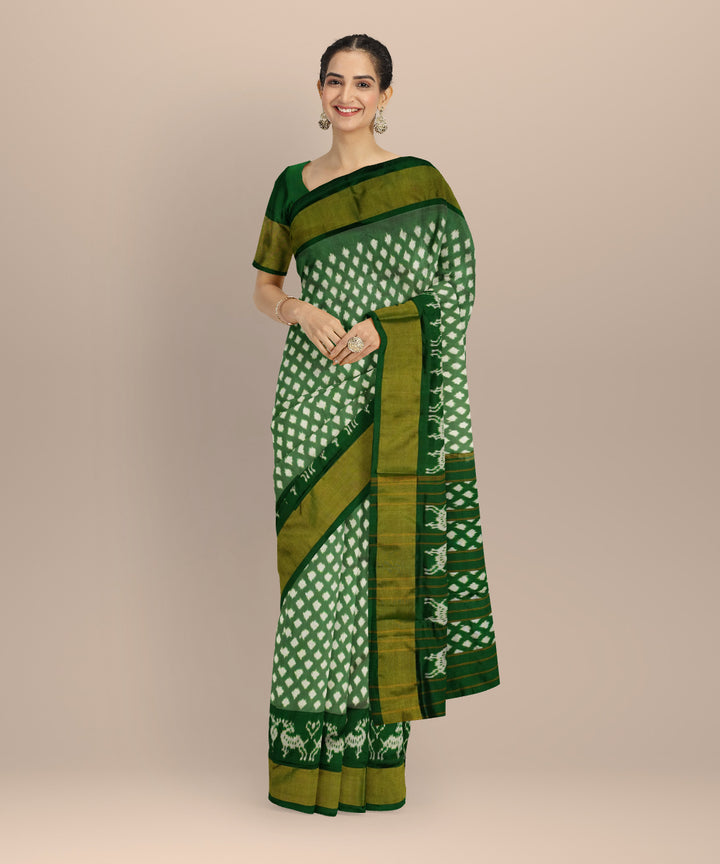 Dark green white handloom pochampally ikat silk saree