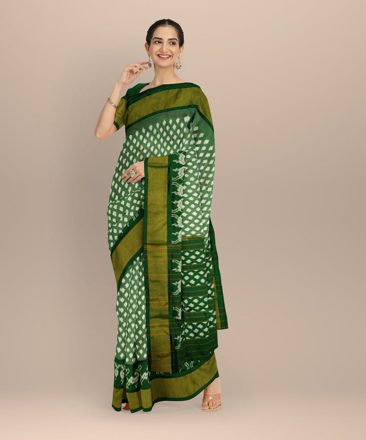 Dark green white handloom pochampally ikat silk saree
