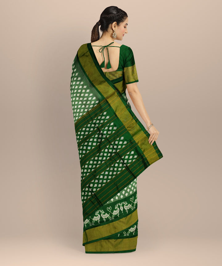 Dark green white handloom pochampally ikat silk saree