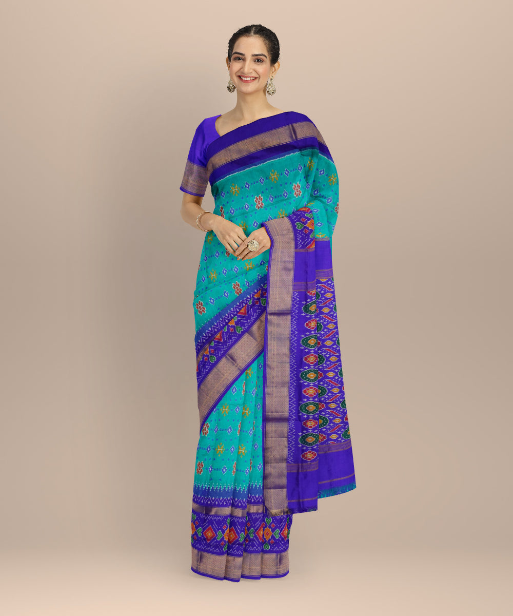 Cyan blue royal blue handloom pochampally ikat silk saree